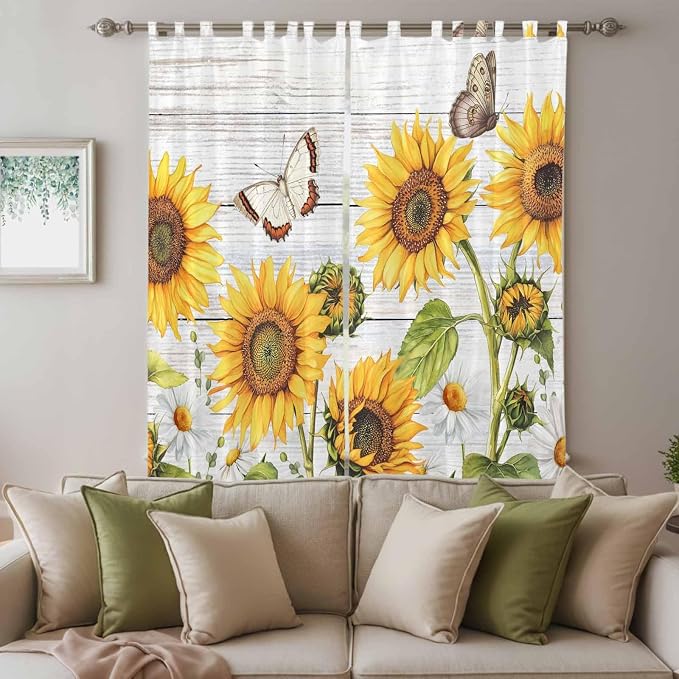 Yellow Sunflowers Living Room Curtains 84 Inch Length, Window Curtains Tab Top - Image 3