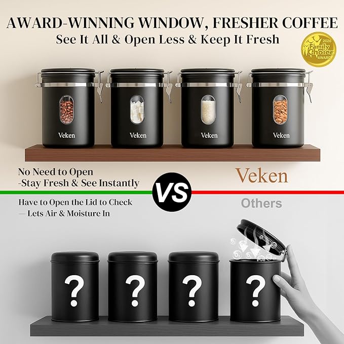 Veken Coffee Canister with Window, Airtight Stainless Steel Pantry Container - Image 2