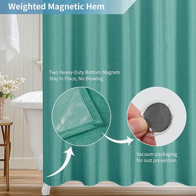 2-in-1 Waterproof Fabric Shower Curtain or Liner,Linen Textured,Breathable TPU & Washable Bathroom Shower Curtain Set with 12 Plastic Hooks,Modern,72"x72" Teal