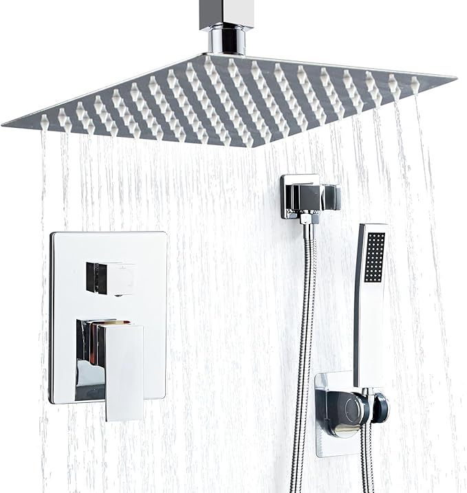 10 Inch Ceiling Mount Shower Faucet Set, Silver Rainfall Shower System with Valve Trim, Square Rain Shower Spray Combo Luxury Shower Fixtures Polish Chrome Shower Head and Handle Set