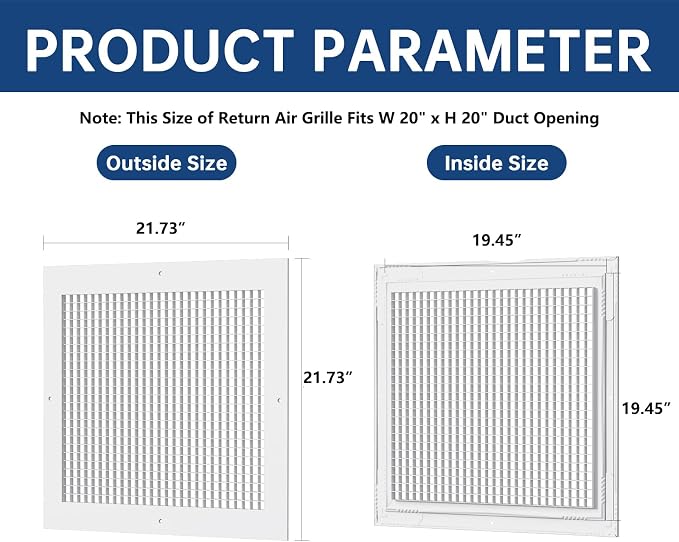 Return Air Grille Fits 20'' x 20'' Duct Opening, Aluminum Eggcrate Return - Image 3