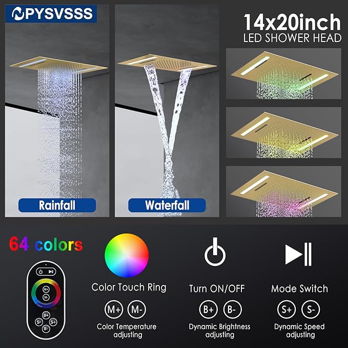 Multi Full Body Thermostatic Luxury Spa Shower System And 14x20 Inch LED 4 Functions Faucet Set, Rainfall Spray Waterfall Can Be Turned On Simultaneously,Brushed Gold