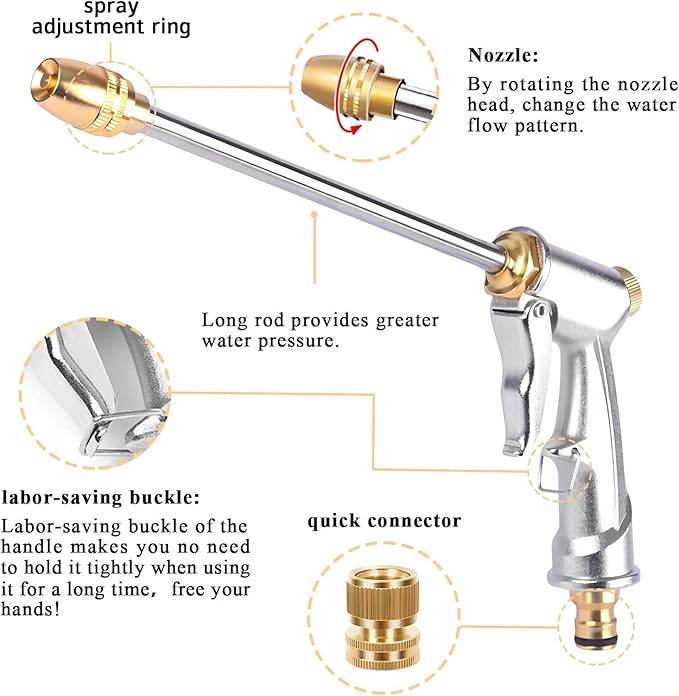 Hose Sprayer Nozzle Heavy Duty, High Pressure Hose Nozzle Water Adjustable Spray Gun Metal Brass Hose Attachment for Washing car, Cleaning, Watering Plants, lawn, Outdoor Gardening.