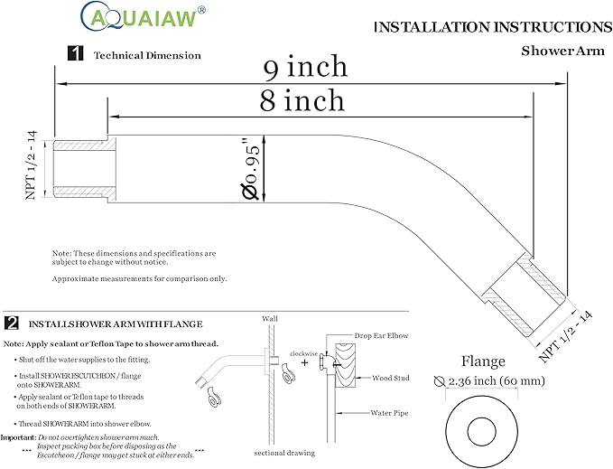 Aquaiaw Shower Arm and O-Ring Flange, 8 inch, Solid Brass, Round, Both Soldered 1/2 NPT Tapered Threads, PVD Brushed Nickel Wall Mount Shower Arm Extension with Escutcheon, for Rain Shower Max.12 inch