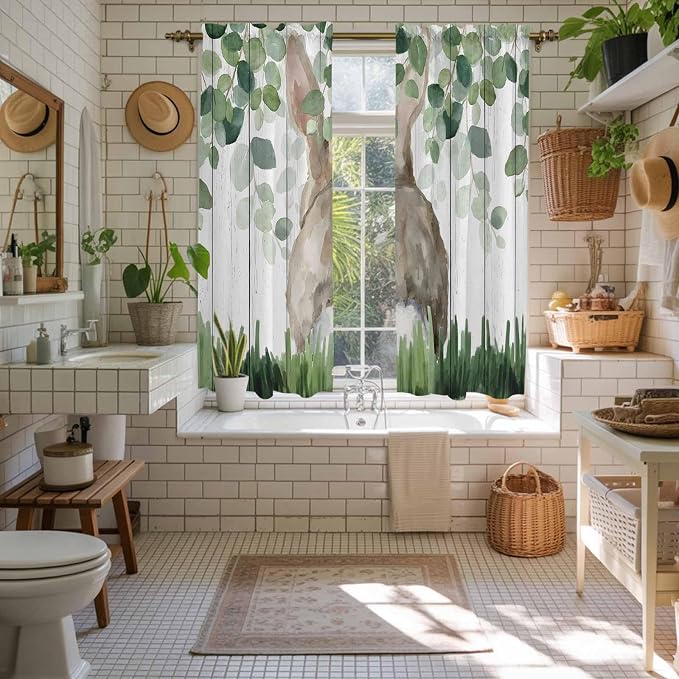 Easter Kitchen Curtains, Country Rabbit Botanical Leaves Wooden Grain Light - Image 5