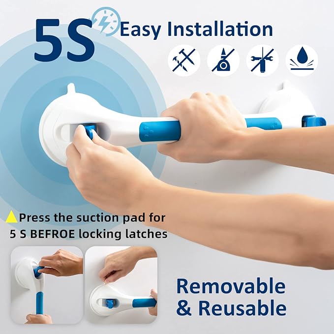 TAILI Shower Grab Bar Suction Grab Bars for Bathtubs and Showers, Heavy Duty Bath Handle Removable Bath Handrails for Seniors and Elderly, Bathroom Safety Grip No Drilling Waterproof,Blue