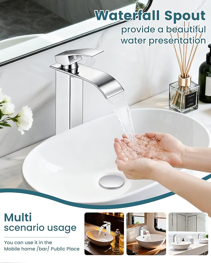 LIFG Chrome Vessel Sink Faucet, Tall Waterfall Bathroom Faucet, Single Handle One Hole Mixer Bowl Tap with Large Rectangular Spout, Bar Sink Faucet Lavatory Vanity