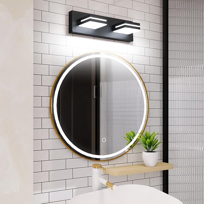 SineRise LED Modern Bathroom Vanity Light Fixtures (2-Light, 15.5-Inch, Dimmable), Matte Black Modern Acrylic Bathroom Wall Lighting Fixtures Over Mirror (Cool White 6000K)
