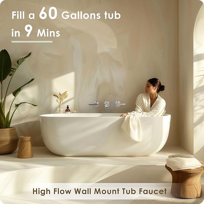 Brass Wall Mount Tub Filler, High Flow 8" Spout Reach Brushed Nickel Bathtub Faucet, 2 Handles Tub Faucets, Rough in Valve Included