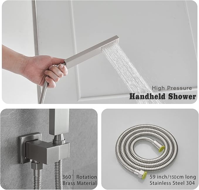 Shower Faucet Combo Set with Shower Spray Wand Large 12 Inch Shower Head Brushed Nickel Surface High Pressure with Rough-in Valve, Brushed Nickel
