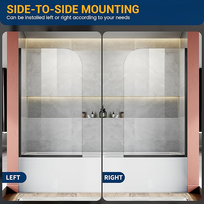 Bathtub Shower Glass Panel, 34" W X 58" H Tub Shower Door Fixed Glass Doors in Matte Black with 1/4"(6mm) Clear Tempered Door, Simple Shower Door Panel Easy to Install for Bathroom