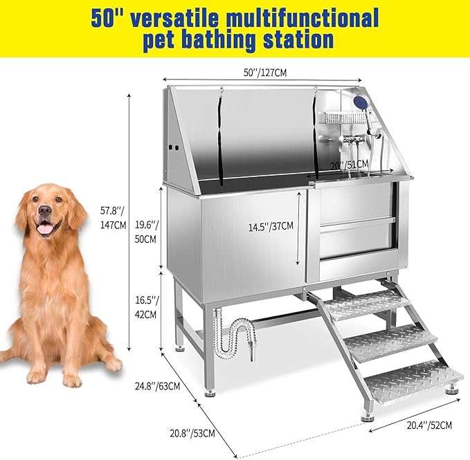 50" Stainless Steel Dog Washing Station, Pet Grooming Tub with Hot/Cold Faucet & Showerhead, Non-Slip Stairs for Small/Medium Dogs & Cats