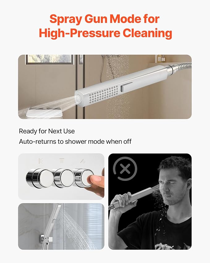 VEVOR Shower Faucet Set, 10 Inch Ceiling Mount Rainfall Shower System with 6 Body Jets and 2 in 1 Handheld Spray, Rotatable 3-Function Rain Head System Set, Complete Brass Valve and Trim Kit, Chrome