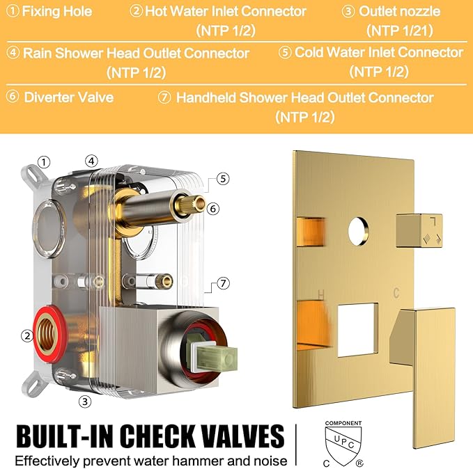 Shower System Rain Shower Faucet Set with Tub Spout,10 inch Bathroom Wall Mounted Waterfall Bathtub Faucet with Handheld Spray and Rough-in Valve Body and Trim kit,Brushed Gold