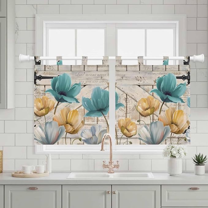 Watercolor Flowers Kitchen Curtains 36 Inch Length, Small Window Curtains Tab - Image 3