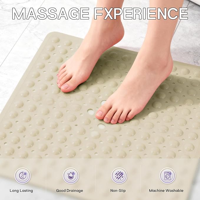 Anti-Slip Bathtub Shower mat, 20.8×20.8（Approximately 53×53cm） inch Soft Oversized Machine Washable Non-Slip Bathtub mat with Drainage Holes, Bathroom Floor Suction Cup.（1-Opaque Khaki）