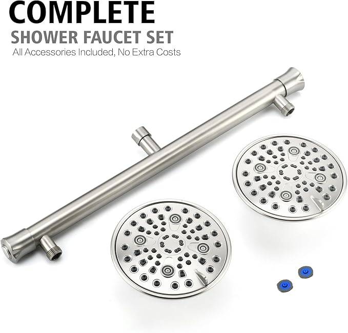 sumerain Dual Shower Head Combo Set for Couples,Brushed Nickel High Pressure 6 Spray Settings Showerhead,20 Inch Long Shower Arm