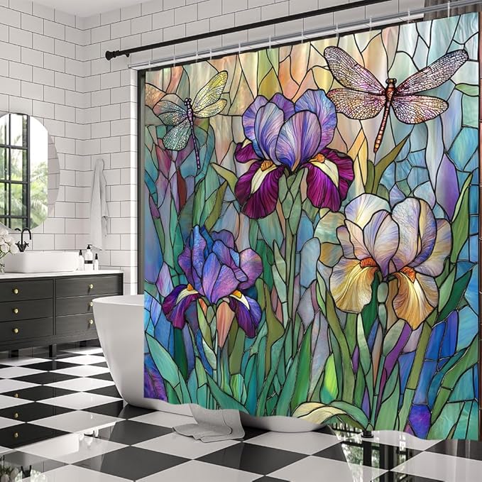 Stained Glass Shower Curtain Artistic Iris Dragonfly Purple Floral Green Leaves Abstract Nature Plant Spring Summer Modern Botanical Fabric Bathroom Decor Curtains with Hooks,60 x 70