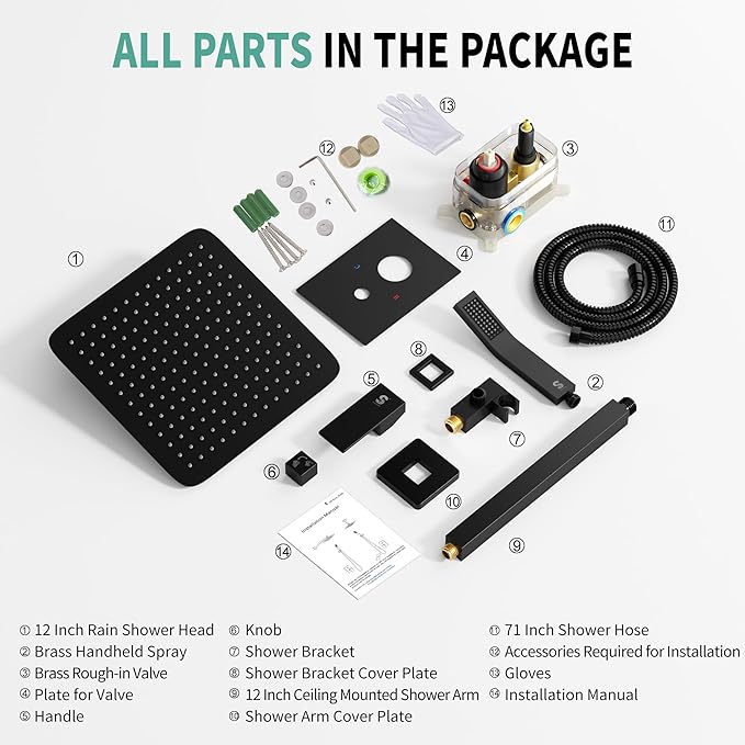 SR SUN RISE 12 Inch Ceiling Mount Matte Black Shower System Bathroom Luxury Rain Mixer Shower Faucet Set Ceiling Rainfall Shower Head System Faucet Trim Repair Kits Rough-in Valve and Trim Included