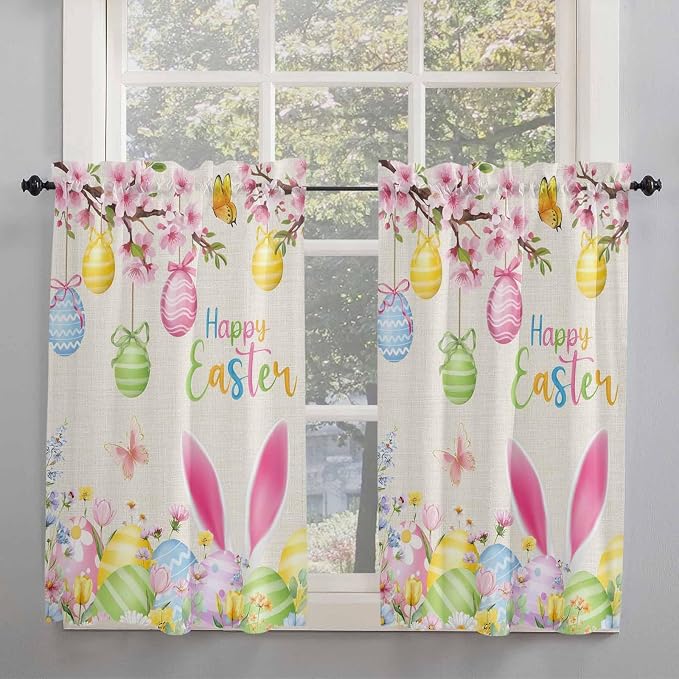 Happy Easter Kitchen Curtains 45 Inches length, Spring Farmhouse Bunny Eggs - Image 2