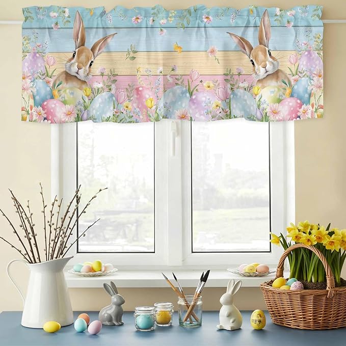 Kitchen Valances for Window, Spring Easter Eggs Rabbit Flower Light Filtering - Image 3