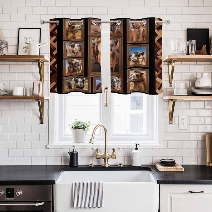 2 Panel Kitchen Cafe Curtains, Desert Camels Sunlight Filtering Nature Air - Image 2