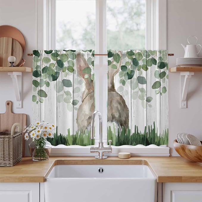 Easter Kitchen Curtains, Country Rabbit Botanical Leaves Wooden Grain Light by Unknown