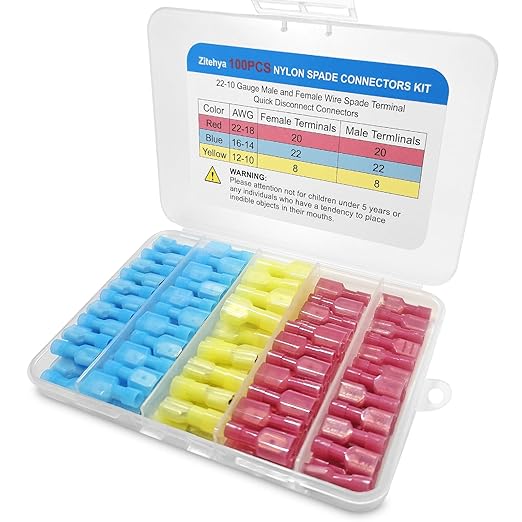 100Pcs Nylon Insulated Spade Connector Kit, 22-10 AWG Male & Female Quick by Unknown