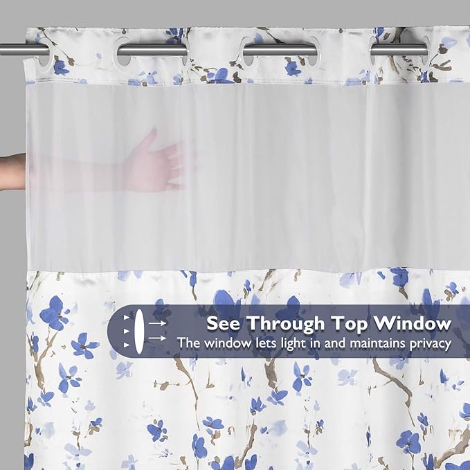 Lagute SnapHook Hook Free Shower Curtain with Snap-in Liner & See Through Top Window | Hotel Grade, Machine Washable | 71Wx74L, Blue Blossom