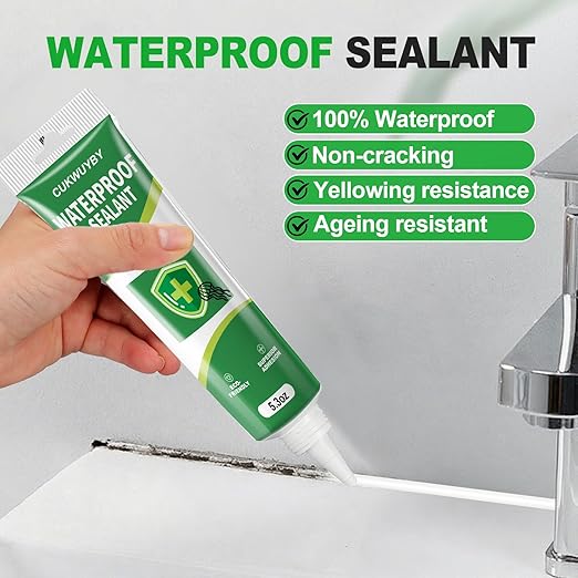 1 Pack Silicone Caulk 5.2 Oz Squeeze Tube Waterproof Silicone Sealant for Kitchen Bathroom Stronger Adhesion White Caulk for Window Toilet Sink Door Caulking Sealant with Tape and Scraper