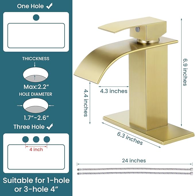 Bathroom Faucets Brushed Gold Waterfall Bathroom Sink Faucet Modern Single Handle Bathroom Faucet for 1 or 3 Hole Mxier Tap Washbasin Faucet with Deck, Pop-up Drain and Supply Hoses 2 Pack