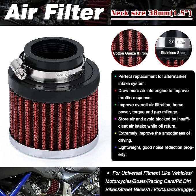 PTNHZ Universal Red Neck 1.5" 38mm Car High Flow Cold Air Intake Air Filter - Image 2