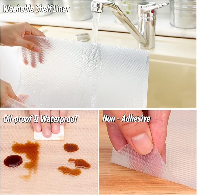 Anoak Shelf Liner Non-Slip Drawer Liner for Kitchen, Non Adhesive Cabinet Liner 12 Inch x 20 FT(240 Inch) Waterproof Refrigerator Liners for Kitchen Drawer, Bathroom Shelves Diamond Pattern Clear