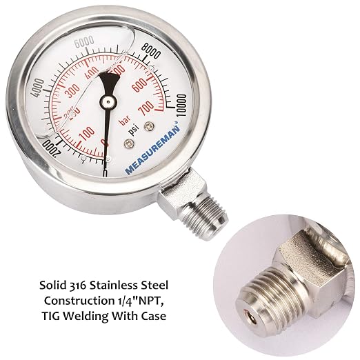 MEASUREMAN 2-1/2" dial, Glycerin Filled Hydraulics Pressure Gauge Stainless - Image 5