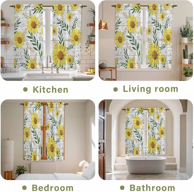 Yellow Daisy Kitchen Curtains, Farmhouse Country Flower Leaf Plant Wood Grain - Image 8