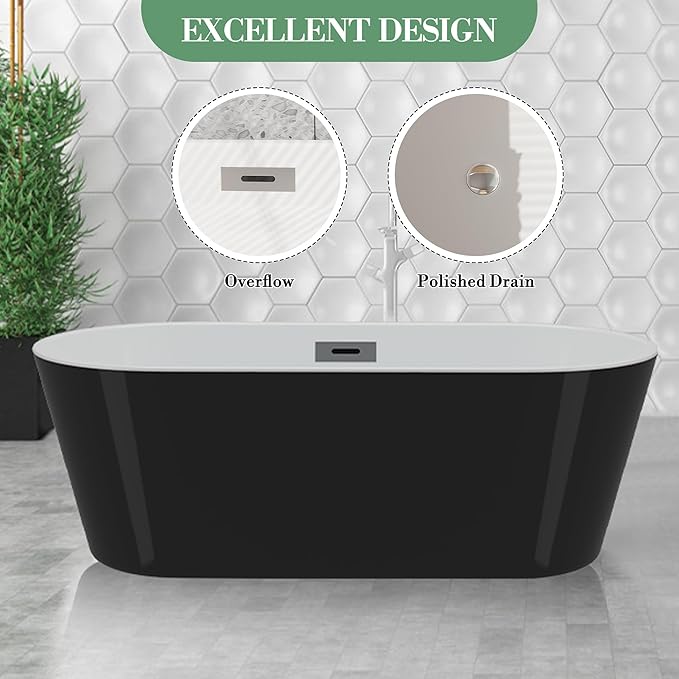 59" Deep Soaking Bathtub, Non-Slip Acrylic Tub with Chrome Drain, CUPC Certified, Ergonomic Modern Bath for Bathrooms, Easy-Install, Black Symmetrical