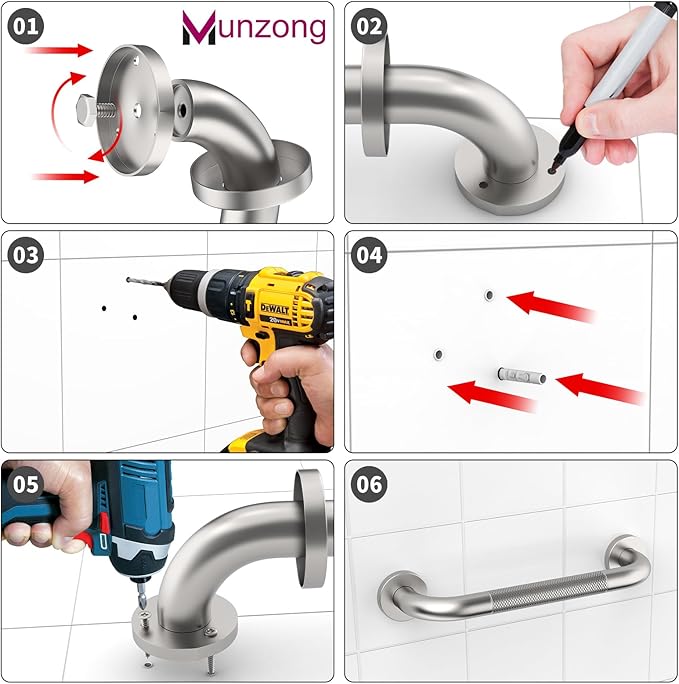 12 Inch Anti Slip Shower Safety Bars,Munzong 2 Pack Bathroom Grab Bars for Bathtubs and Showers,Brushed Nickel Knurled Handicap Balance Bar,Safety Hand Rail Support Elderly Senior Bath Handle