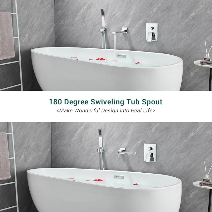 DASAN Swiveling Wall Mount Tub Filler Faucet Set with Hand Held Shower, Chrome Modern Creative Bathtub Faucet Wall Mounted Bath Tub Faucet with High Flow Rough in Valve, SA-TF05WH-PC