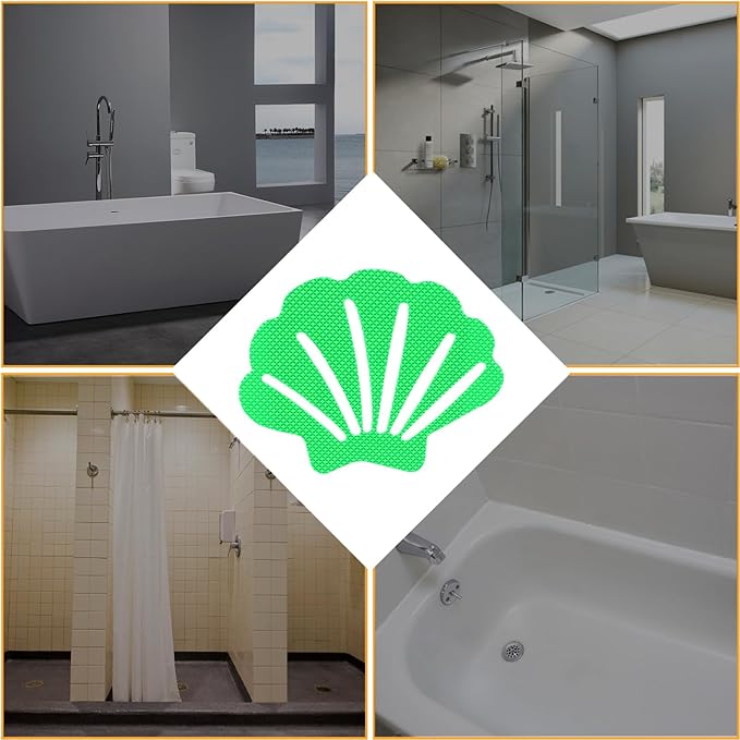12 Pcs Non Slip Bathtub Stickers Luminous Green Adhesive Decals Sea Shell Shape Shower Stickers for Floor, Ladders, Bath Tub, Stairs, Bathroom