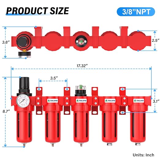 TAILONZ PNEUMATIC 0-150PSI 3/8 Inch NPT Red Industrial Grade 5 Stage Air Drying - Image 2