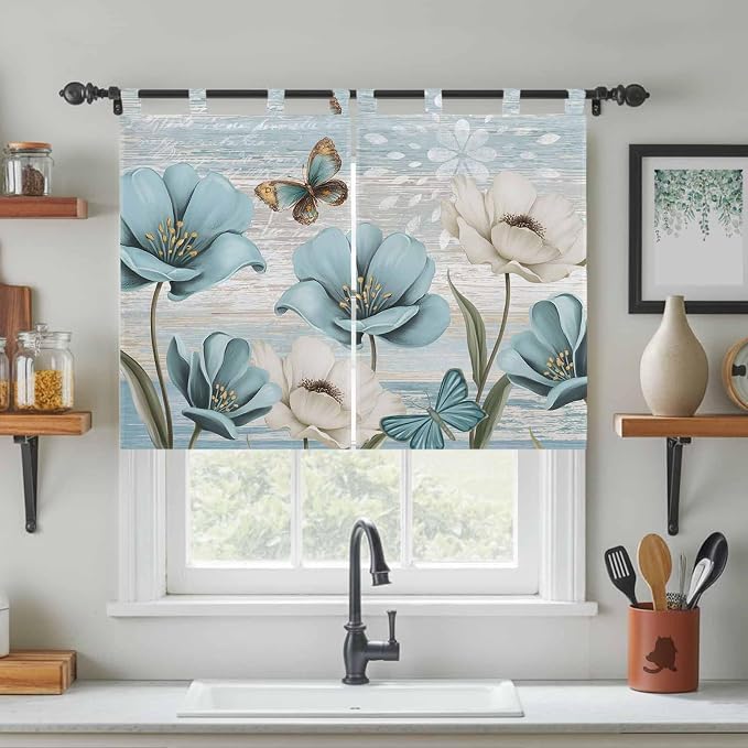 Spring Floral Kitchen Curtains 45 Inch Length, Short Cafe Window Curtains Tab - Image 3