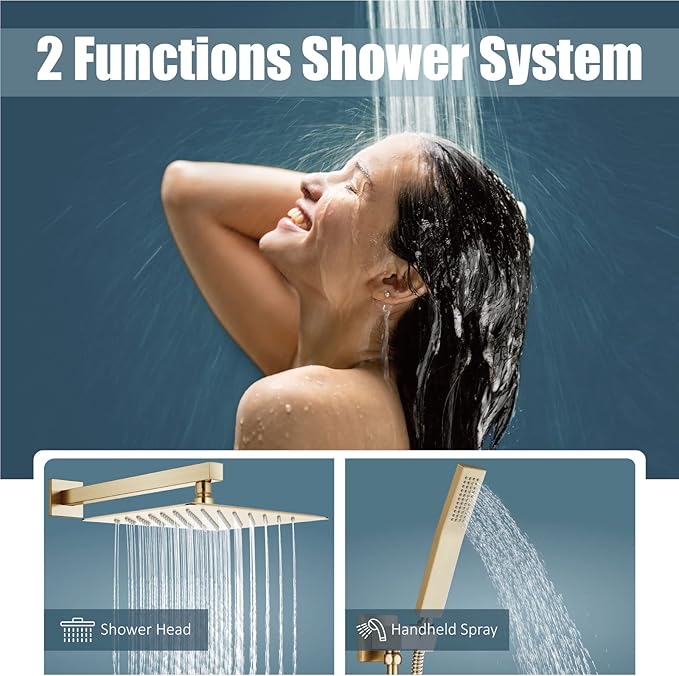 Aolemi Shower Faucet Set Rain Shower System with Handheld Spray Bathroom Shower Combo Rough-in Valve and Shower Trim Kit Included Brushed Gold 10 Inch Wall Mount Shower Head