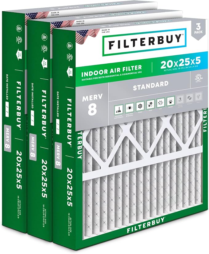 Filterbuy 20x25x5 Air Filter MERV 8 Essential Dust & Allergy Defense, Pleated by Filterbuy