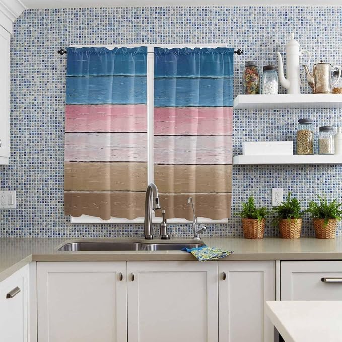 Blue Pink Brown Gradient Wood Grain Window Valance Curtains, Vintage Wood Board - Image 8
