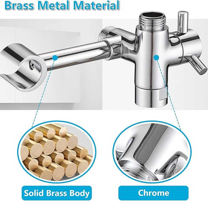 PDPBath Solid Brass Shower Arm 3 Way Shower Diverter Valve for Hand Held Showerhead and Fixed Spray Head, G1/2 Universal Connection - Chrome