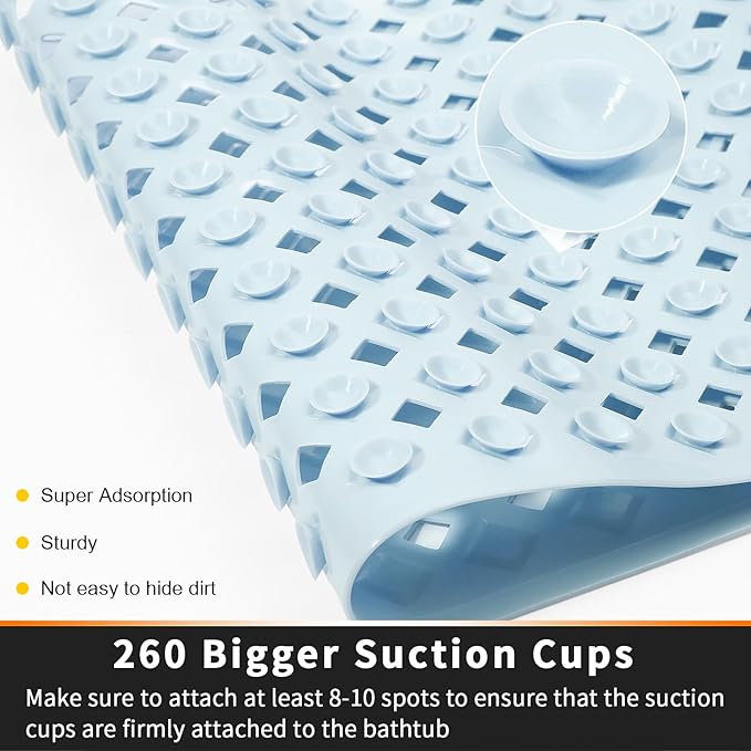 Yimobra Non Slip Bath Mat, Super Strong Suction Cups,34.5"x15.5"Long Tub Mat with Drain Holes, Machine Washable Fast Draining Shower Mats, Bathroom Essentials,Light Blue
