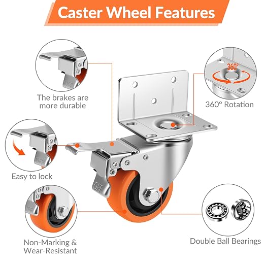 Caster Wheels, 4 Inch L-Shaped Casters Set of 4 Heavy Duty, Locking Caster - Image 3