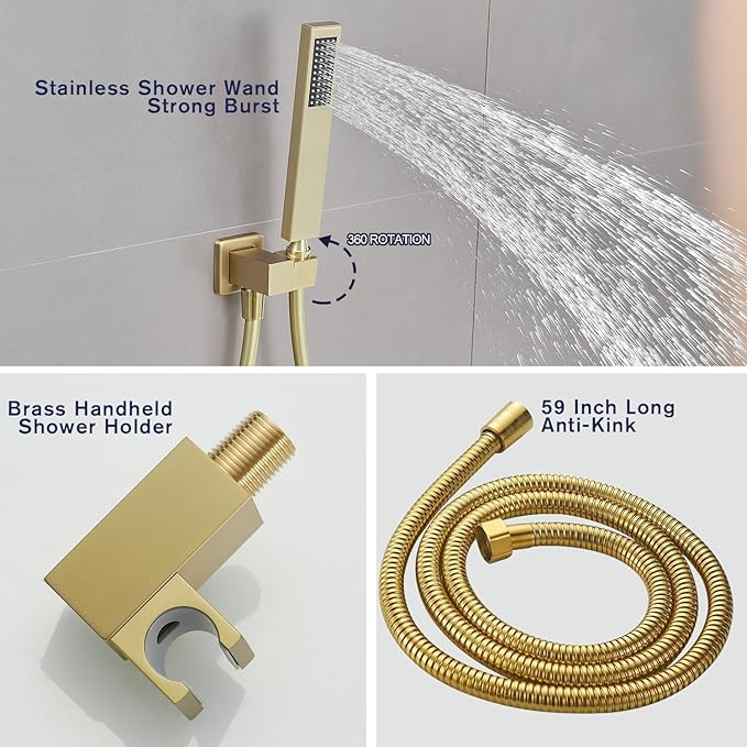 Shower Faucet Set System 10 Inch Shower Head High Pressure Handheld Spray Combo Set with Rough-in Valve for Bathroom and Shower Room, Brushed Gold Finishing