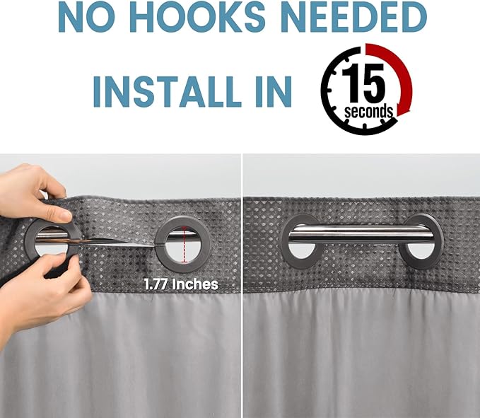 Charcoal Grey Long No Hook Shower Curtain with Snap in Liner,230GSM Waffle Weave Shower Curtains for Bathroom,71W x 86H