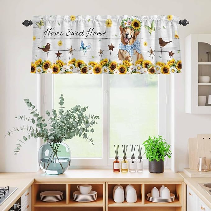 Kitchen Curtains Tiers and Valance Set of 3, Sunflowers Dog Light Filtering - Image 4